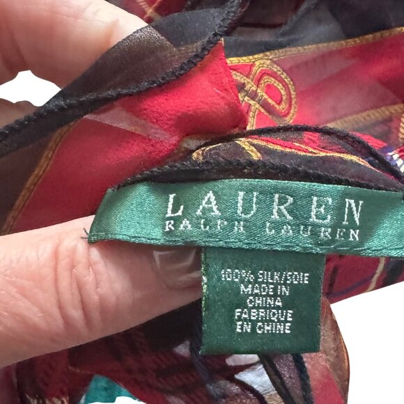 Lauren Ralph Lauren Silk Ruffle Scarf Classic Red Black Plaid - Picture 6 of 8